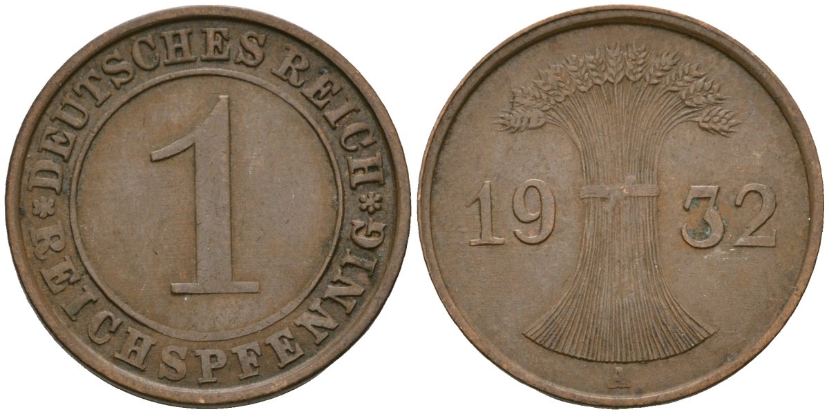 Германия 1 рейхспфенниг 1932 A KM 37, J. 313 бронза 4189-1144