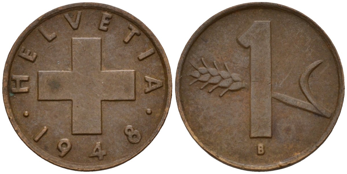 Швейцария 1 раппен 1948 B KM 46 бронза 4189-319