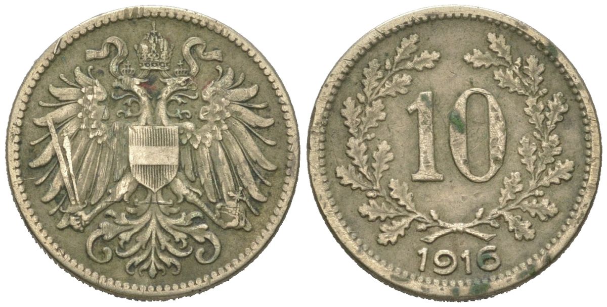 Австрия 10 геллеров 1916 Австрийский флаг на щите KM 2825 медь цинк никель 192-316