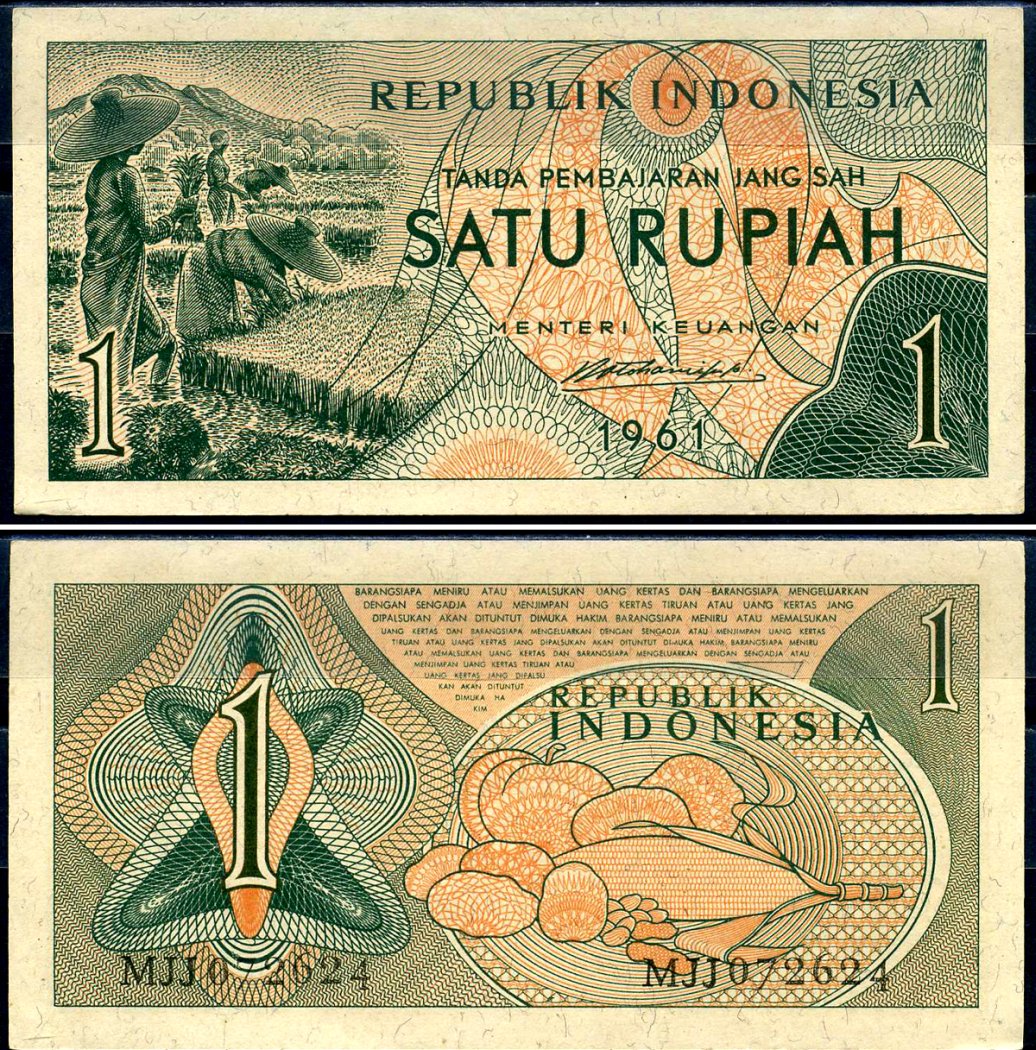 Индонезия 1 рупия 1961 урожай риса, серия MJJ072 Pick 78 бумага aUNC 7554-19-3-2