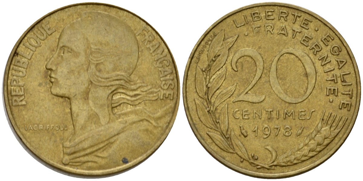 Франция 20 сантимов 1978 тип Marianne KM 930 алюминиевая бронза 4393-347