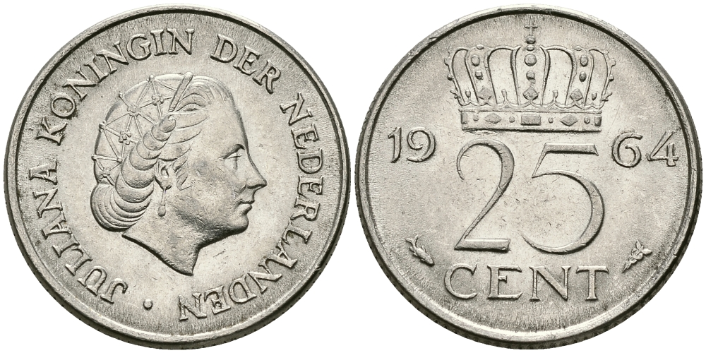 НИДЕРЛАНДЫ 25 ЦЕНТОВ 1964 ЮЛИАНА KM 183 никель 96-156