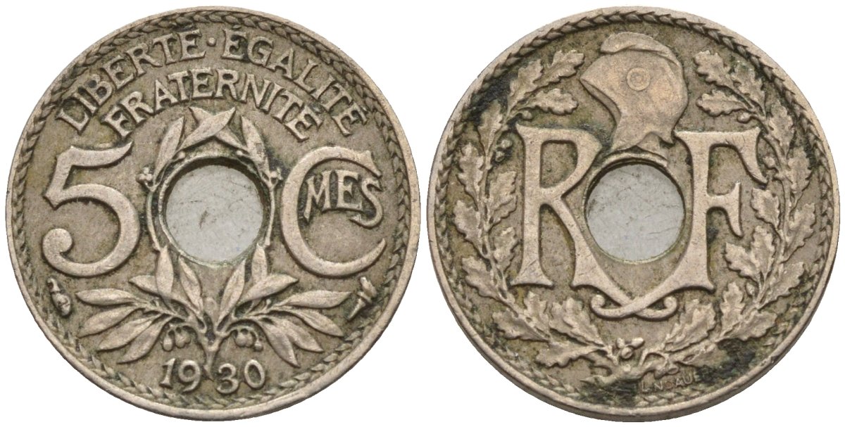 Франция 5 сантимов 1930 KM 875 медно-никель 4596-568