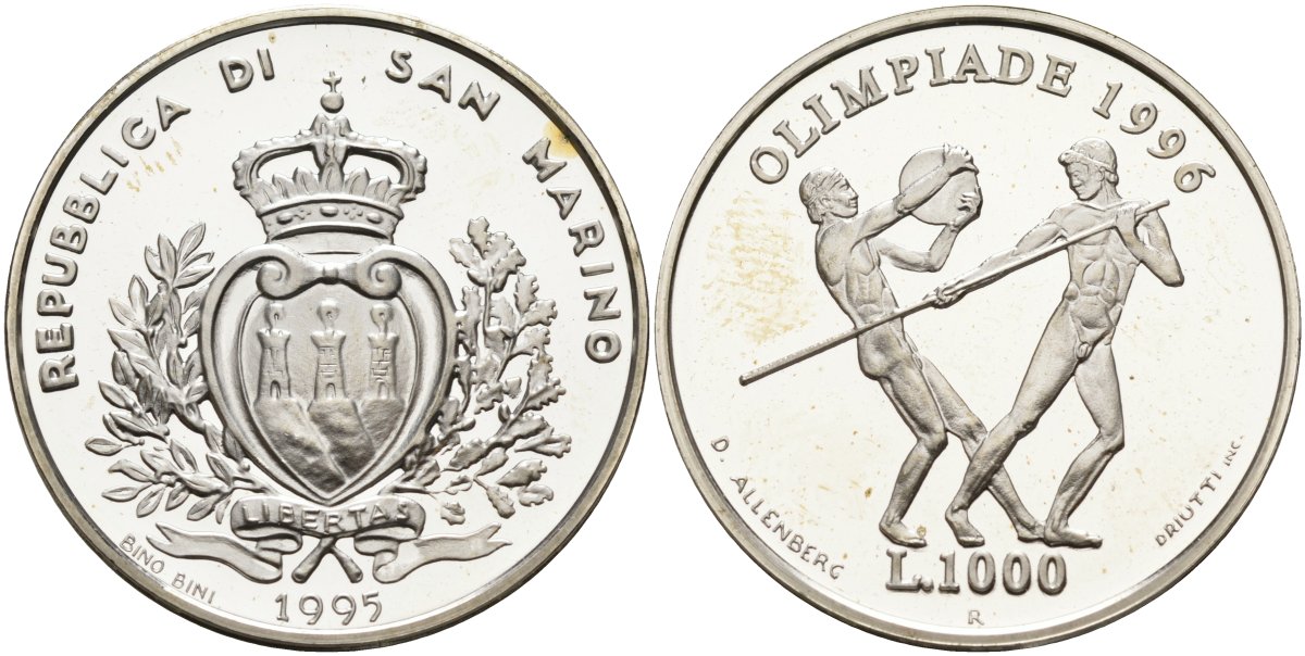 Сан-Марино 1000 лир 1995 XXVI летние Олимпийские игры в Атланте 1996 года, копьеметатель и дискобол KM 332 серебро PROOF 1096-4-11