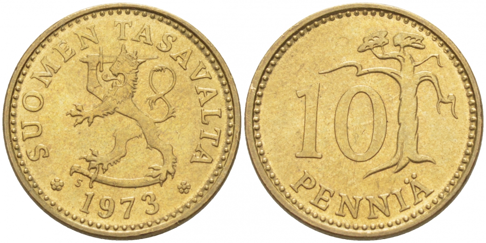 ФИНЛЯНДИЯ 10 ПЕННИ 1973 S KM 46 алюминиевая бронза UNC 3718-127