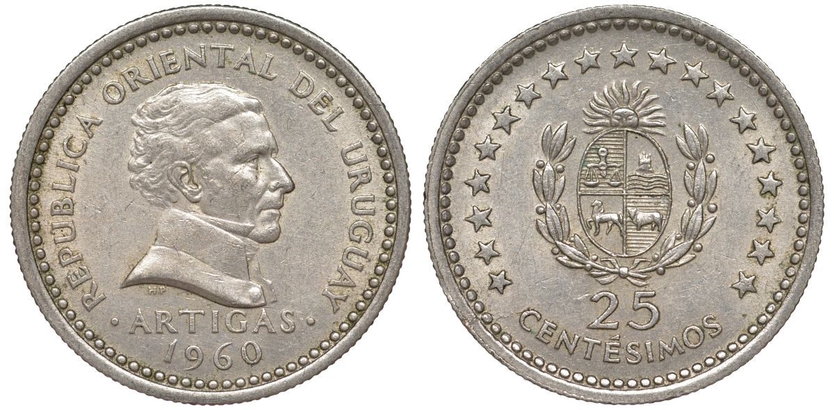 Уругвай 25 сентесимо 1960 KM 40 медно-никель 4576-255