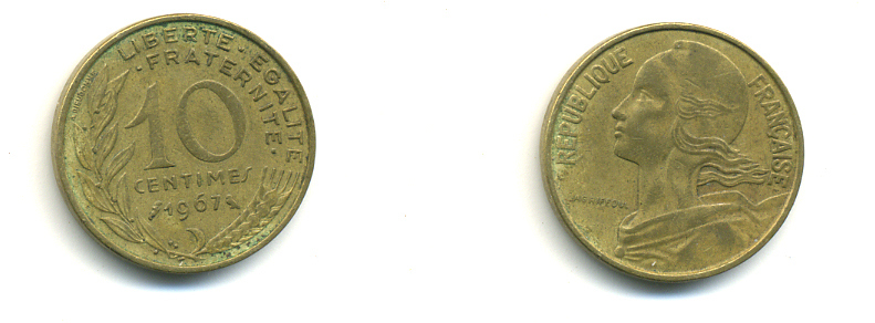ФРАНЦИЯ 10 САНТИМОВ 1967 ТИП MARIANNE KM 929 медь алюминий никель 176-821