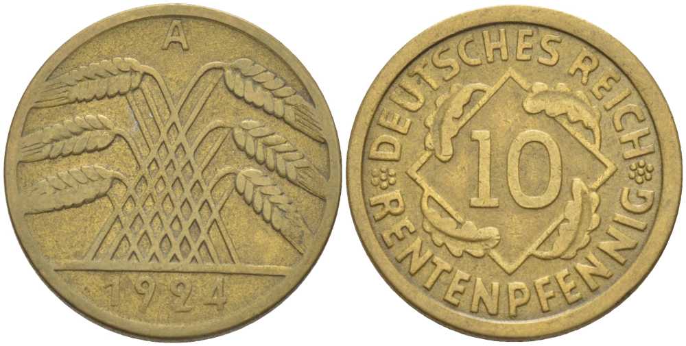 ГЕРМАНИЯ 10 РЕНTЕНПФЕННИГОВ 1924 A KM 33, J. 309, Weege 8 алюминиевая бронза 210-324