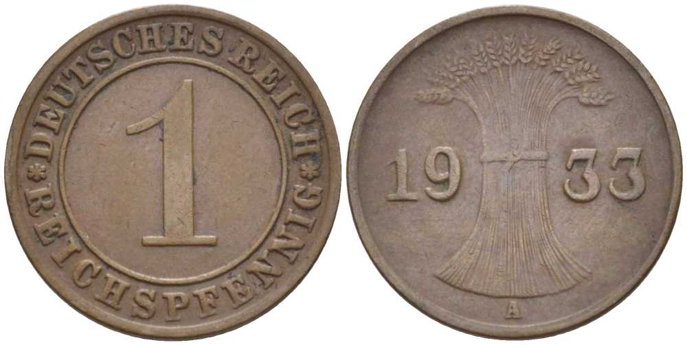 ГЕРМАНИЯ 1 РЕЙХСПФЕННИГ 1933 A KM 37, J. 313, Weege 2 бронза 211-122
