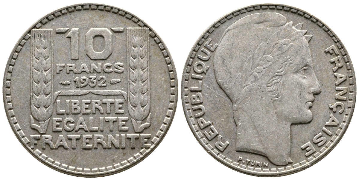 Франция 10 франков 1932 Пьер Тюрен KM 878, Le Franc 360.5 серебро 79-1536