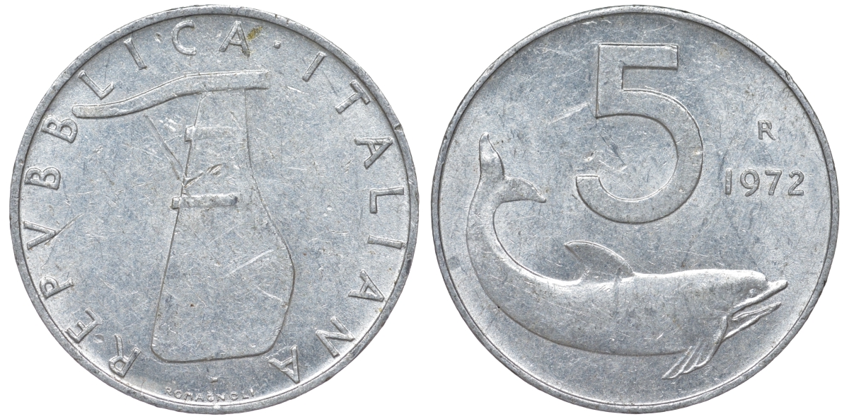 Италия 5 лир 1972 R, плуг, дельфин KM 92 алюминий 4596-426