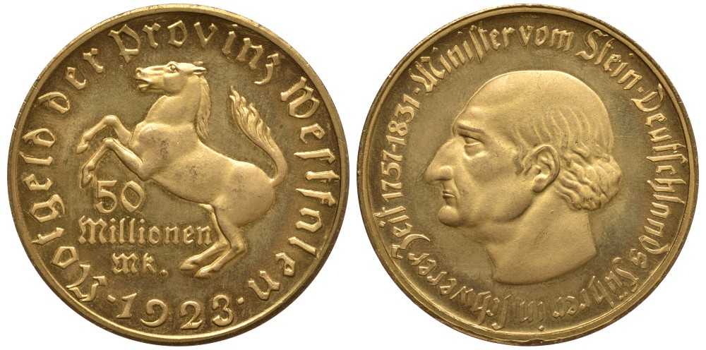 ВЕСТФАЛИЯ 50000000 МАРОК 1923 НОТГЕЛЬД, ВЕЙМАРСКАЯ РЕСПУБЛИКА, МИНИСТР ФИНАНСОВ ШТЕЙН Jn 23a желтый металл UNC 1081-9-61