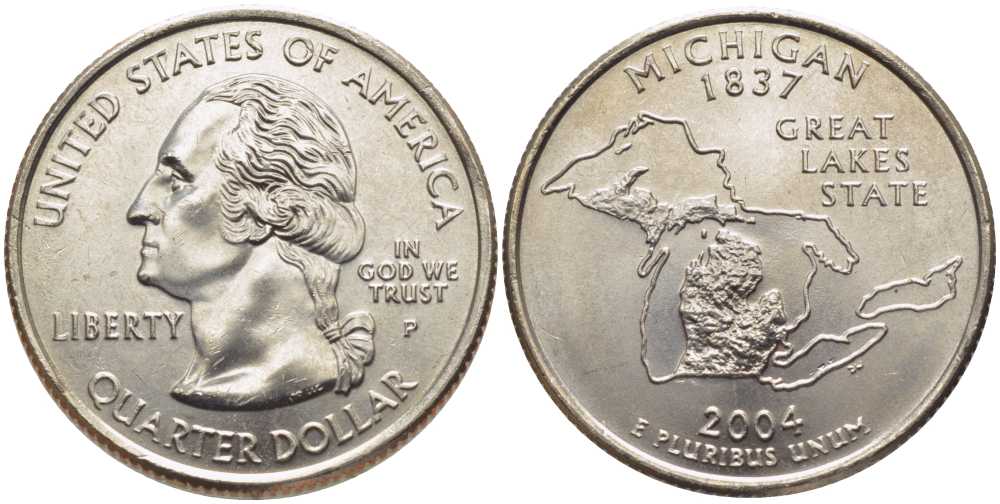 США 25 центов = квотер 2004 P, серия штаты США, Мичиган KM 355 медь плакированная медно-никелем UNC M50-03