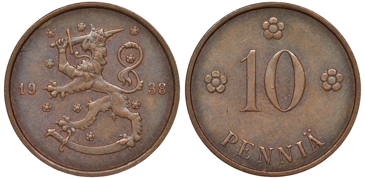 Финляндия 10 пенни 1938 KM 24 медь 51-3043