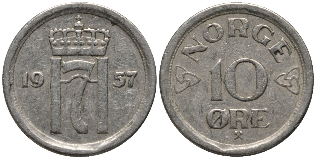 Норвегия 10 эре 1957 Хокон VII KM 396 медно-никель 206-319