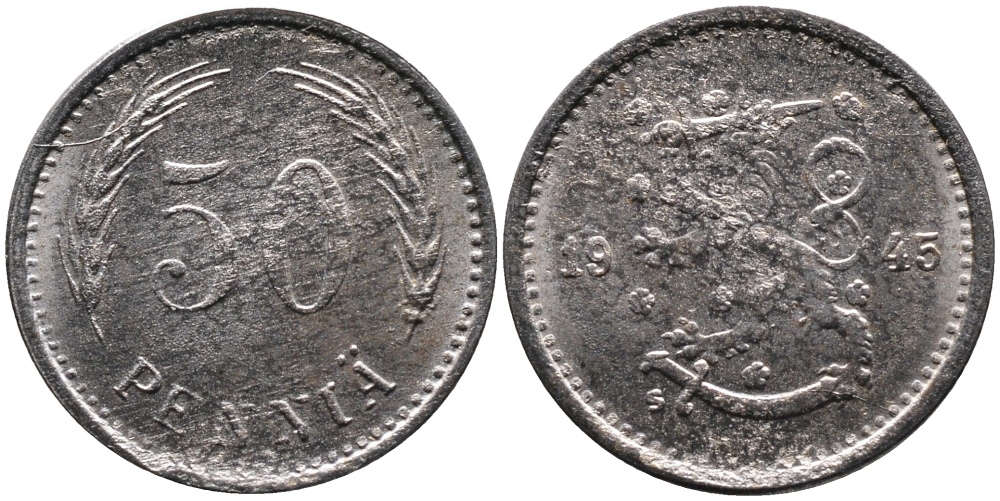 ФИНЛЯНДИЯ 50 ПЕННИ 1945 S KM 26b железо 4387-517
