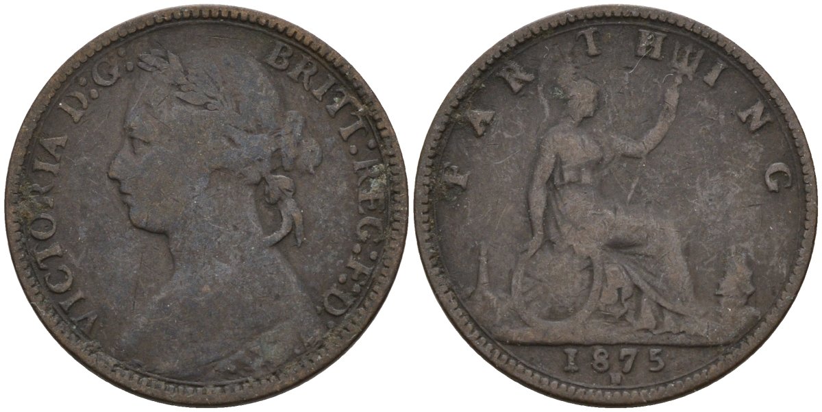 Великобритания 1 фартинг 1875 Виктория (1837-1901) KM 753, Spink 3958 бронза 4596-932