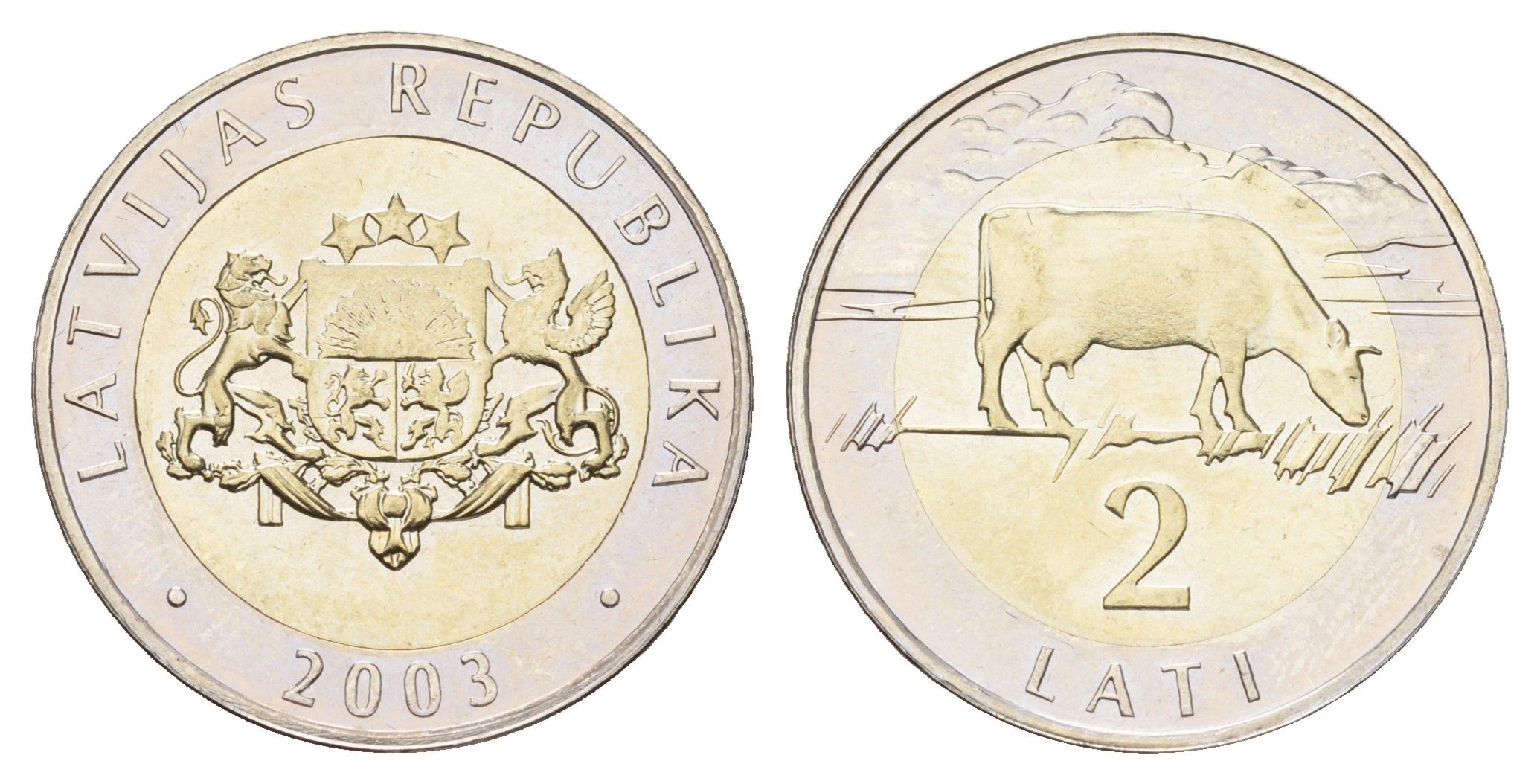 Латвия 2 лата 2003 корова KM 38 биметалл BU 4678-325