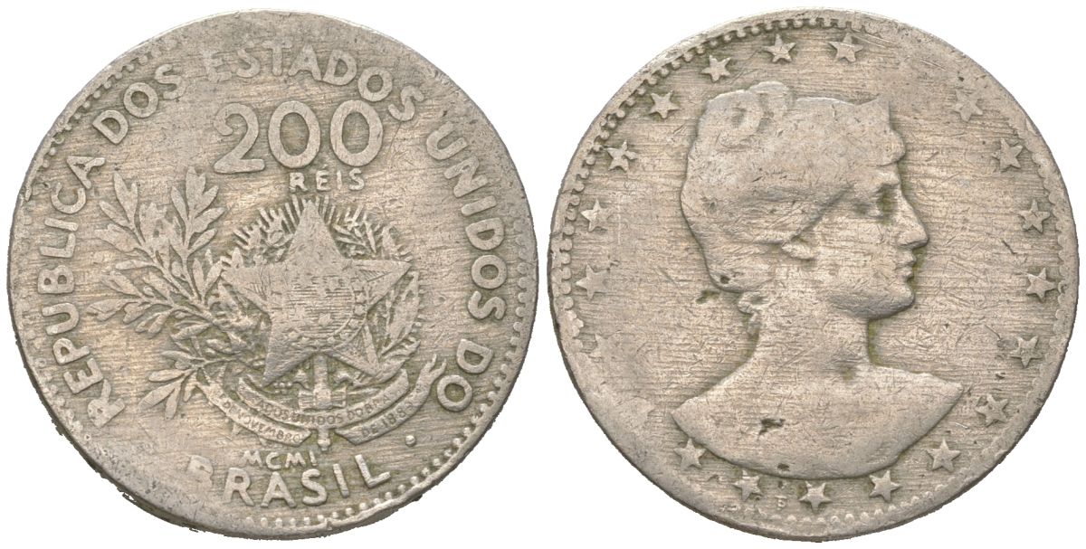 Бразилия 200 реалов 1901 MCMI, голова свободы вправо KM 504 медно-никель 4612-411