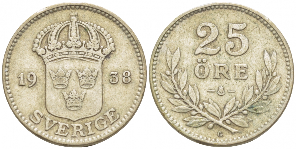 Швеция 25 эре 1938 G, Густав V (1907-1950) KM 785 серебро 3309-839
