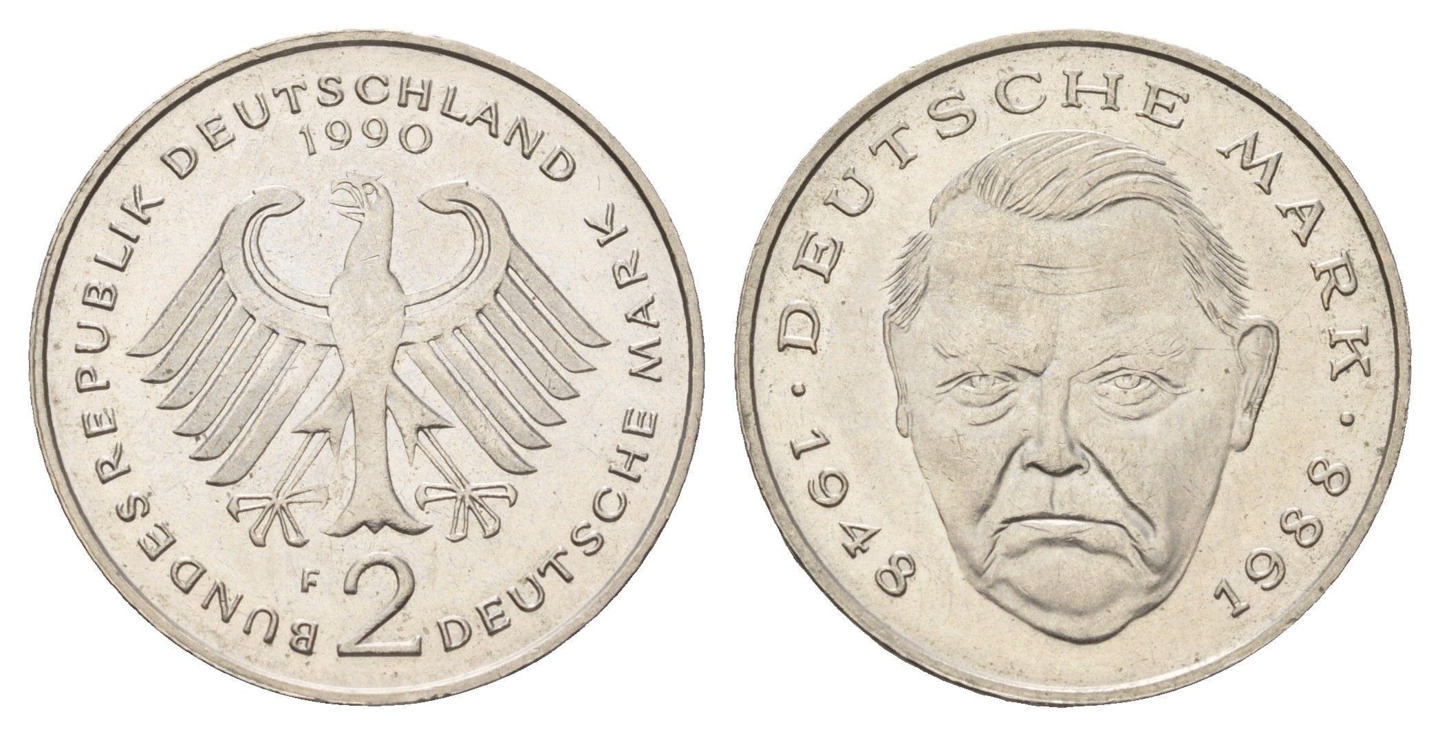 ФРГ 2 марки 1990 F, Людвиг Эрхард, 40 лет Федеративной Республике (1948-1988) KM 170, J. 445 медно-никель UNC 3459-1017