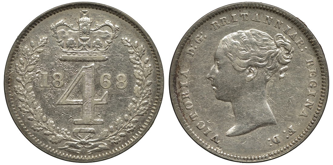 Великобритания 4 пенса 1868 Виктория (1837-1901) KM 732, Spink 3917 серебро 00-00