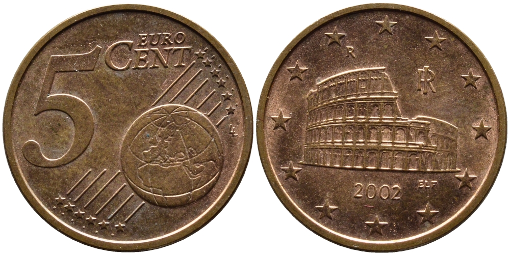 ИТАЛИЯ 5 ЕВРОЦЕНТОВ 2002 KM 212 сталь плакированная медью 4391-123