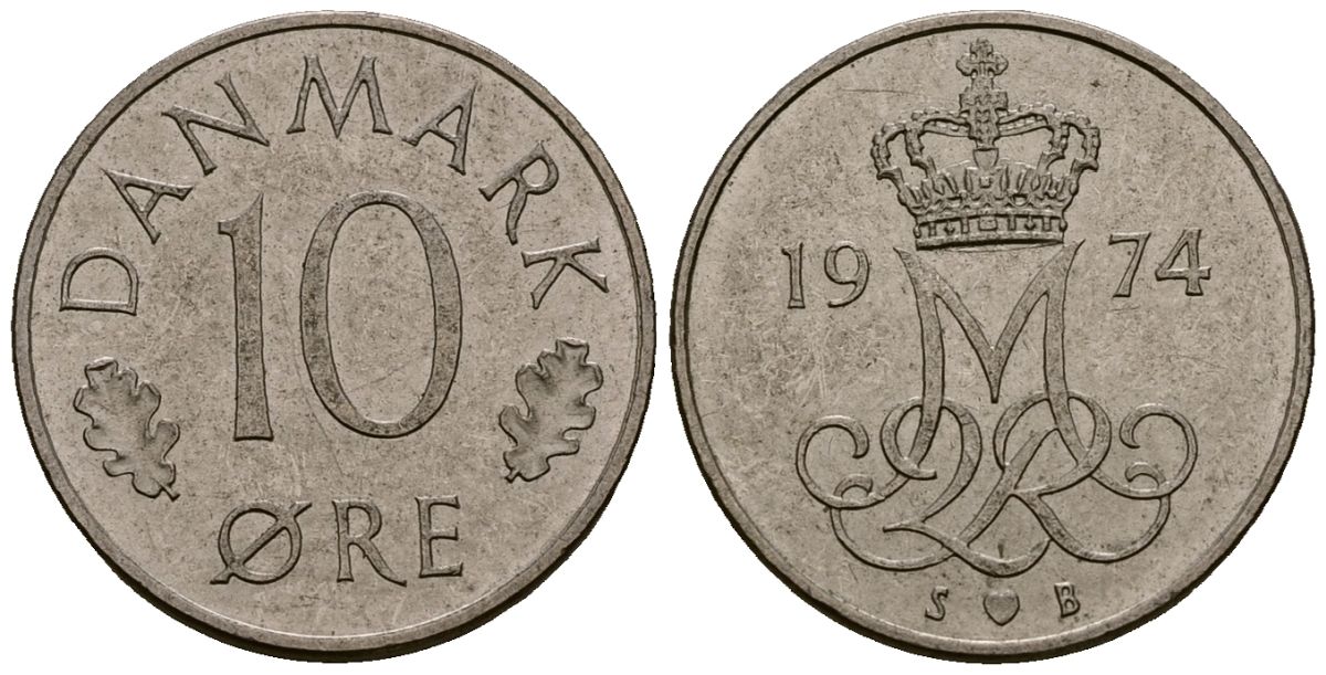 Дания 10 эре 1974 Маргрете II (1973 - 1988) KM 860 медно-никель 4173-726