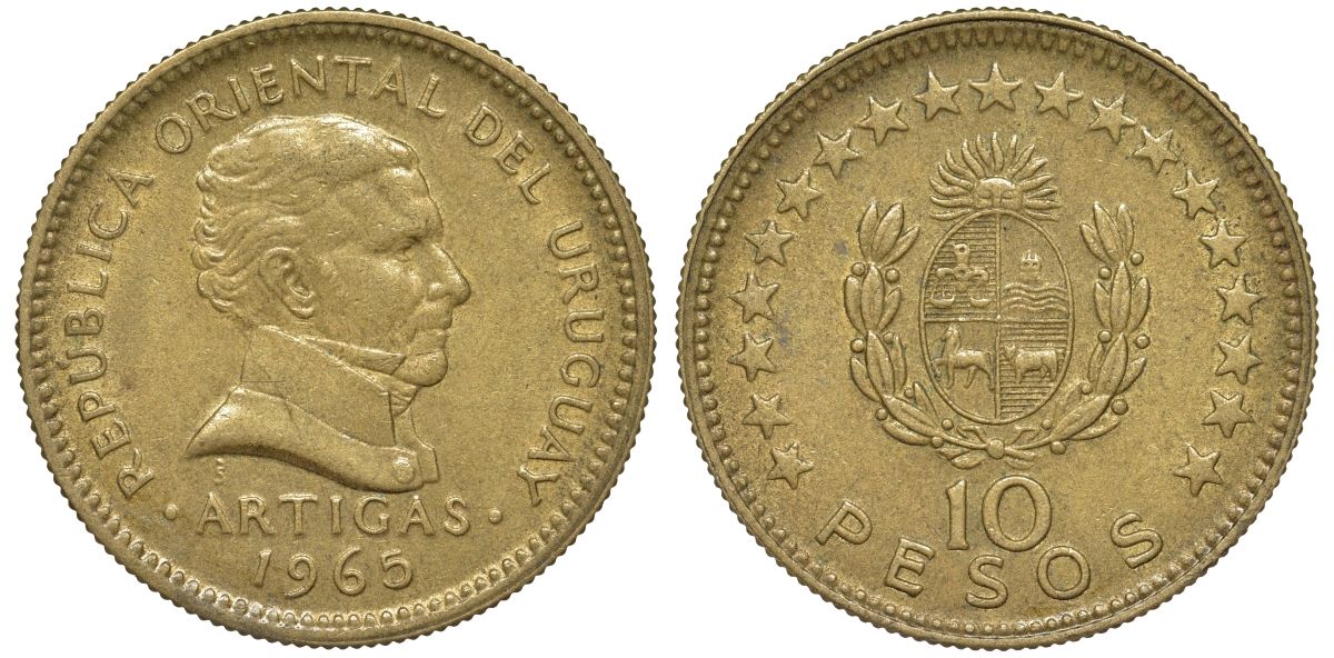 Уругвай 10 песо 1965 KM 48 алюминиевая бронза 81-824
