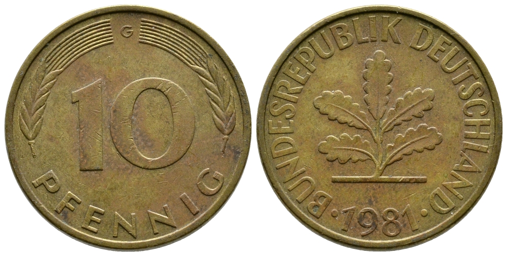 ФРГ 10 ПФЕННИГОВ 1981 G KM 108, J. 383 сталь плакированная латунью 41-1025
