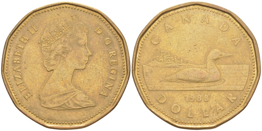 Канада 1 доллар 1988 утка, Елизавета II KM 157 никель плакированный алюминиевой бронзой 63-621