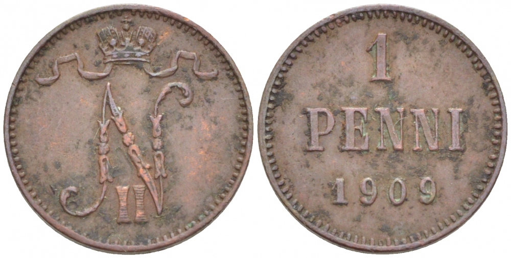 Россия для Финляндии 1 пенни 1909 Николай II (1894-1917) KM 13, Биткин 470 медь 4396-1313