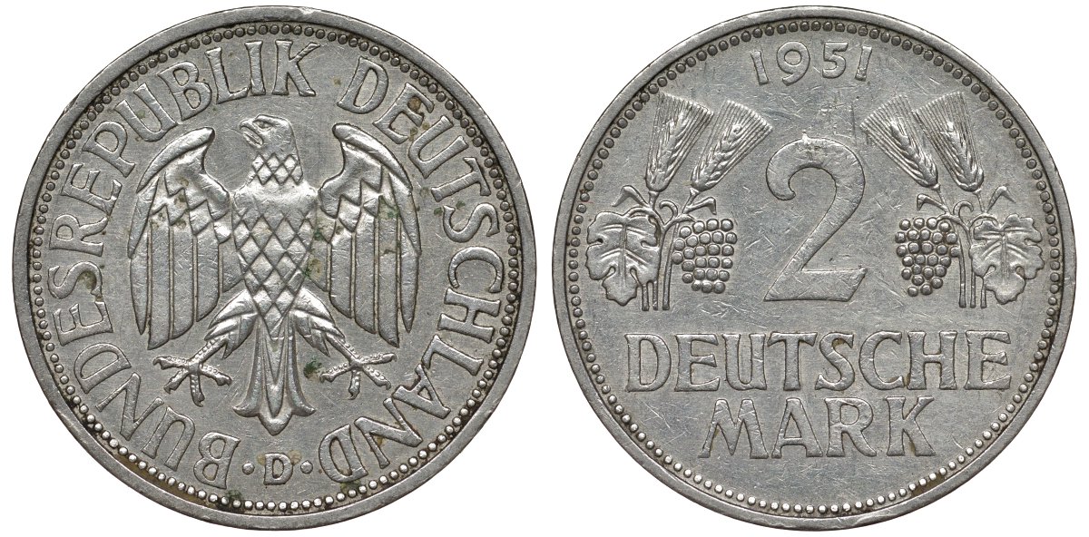 ФРГ 2 марки 1951 D J 386, KM 111 медно-никель плакированный никелем 72-222