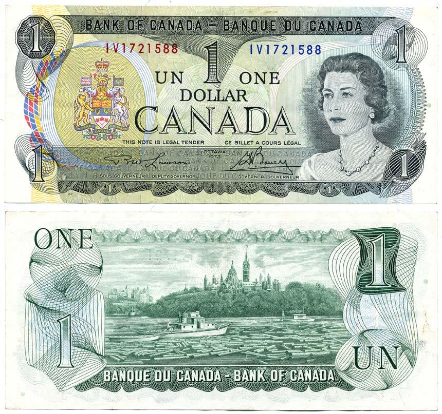 Канада 1 доллар 1973 Елизавета II (1952- ), здание парламента на реке Оттава, Lawson-Bouey, серии 2 буквы Pick 85 a (1)  бумага 6299-43-2-2
