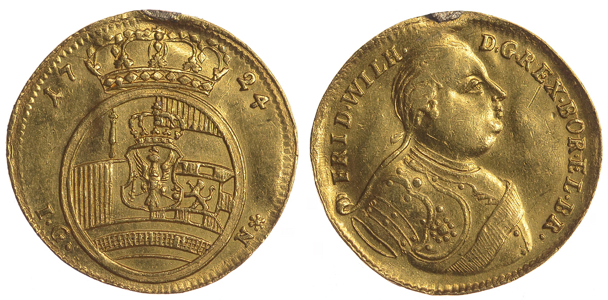 Пруссия 1 дукат 1724 Фридрих Вильгельм I (1688-1740), король солдат, монетный двор Берлин, следы подвески Fr. 2358, KM. 190 золото 10-009-21