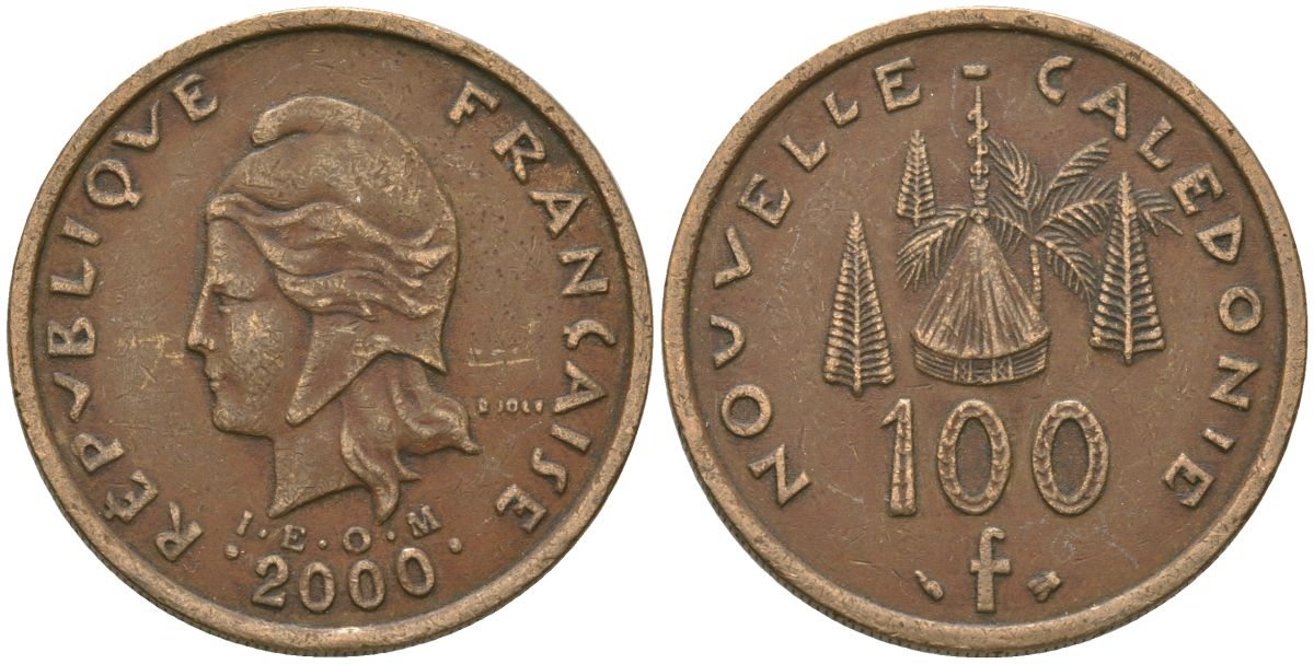 Французская Новая Каледония 100 франков 2000 хижина среди сосен и пальм, (IEOM) KM 15, Schoen 16, Lec 139d никель бронза 97-832