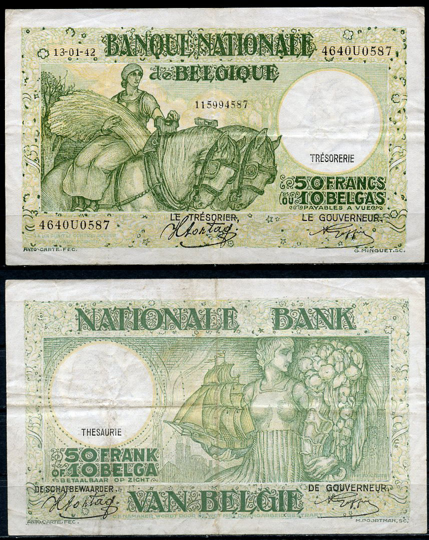 Бельгия 50 франков = 10 бельгас 1942 13 января 1942, сельская женщина на коне Pick 106 (3)  бумага   6352-27-3-2