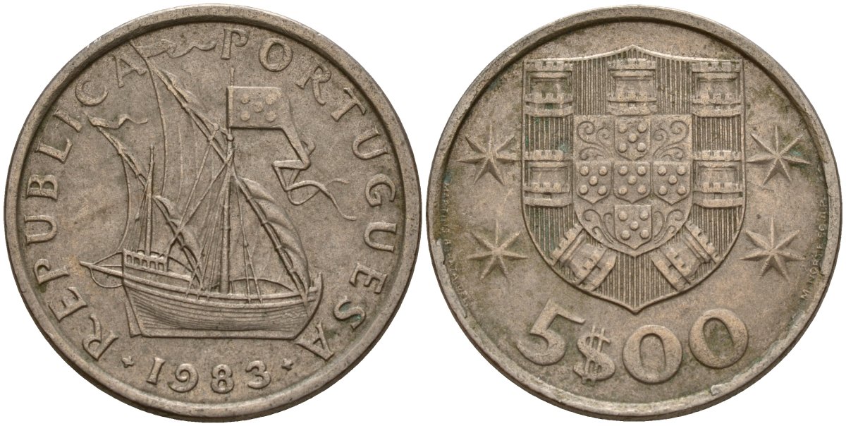 Португалия 5 эскудо 1983 KM 591 медно-никель 4156-553