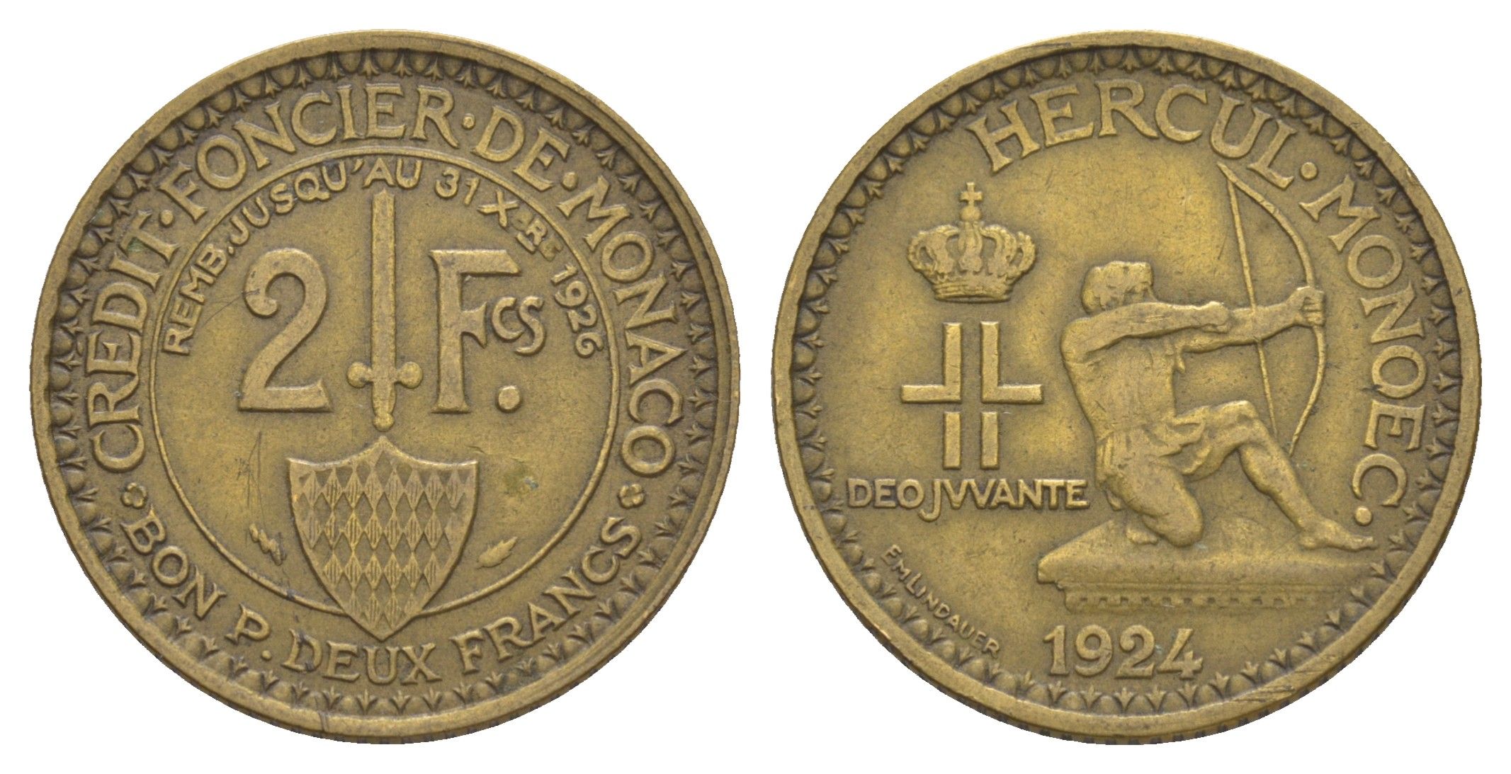 Монако 2 франка 1924 год-тип KM 112 алюминиевая бронза 1523-421