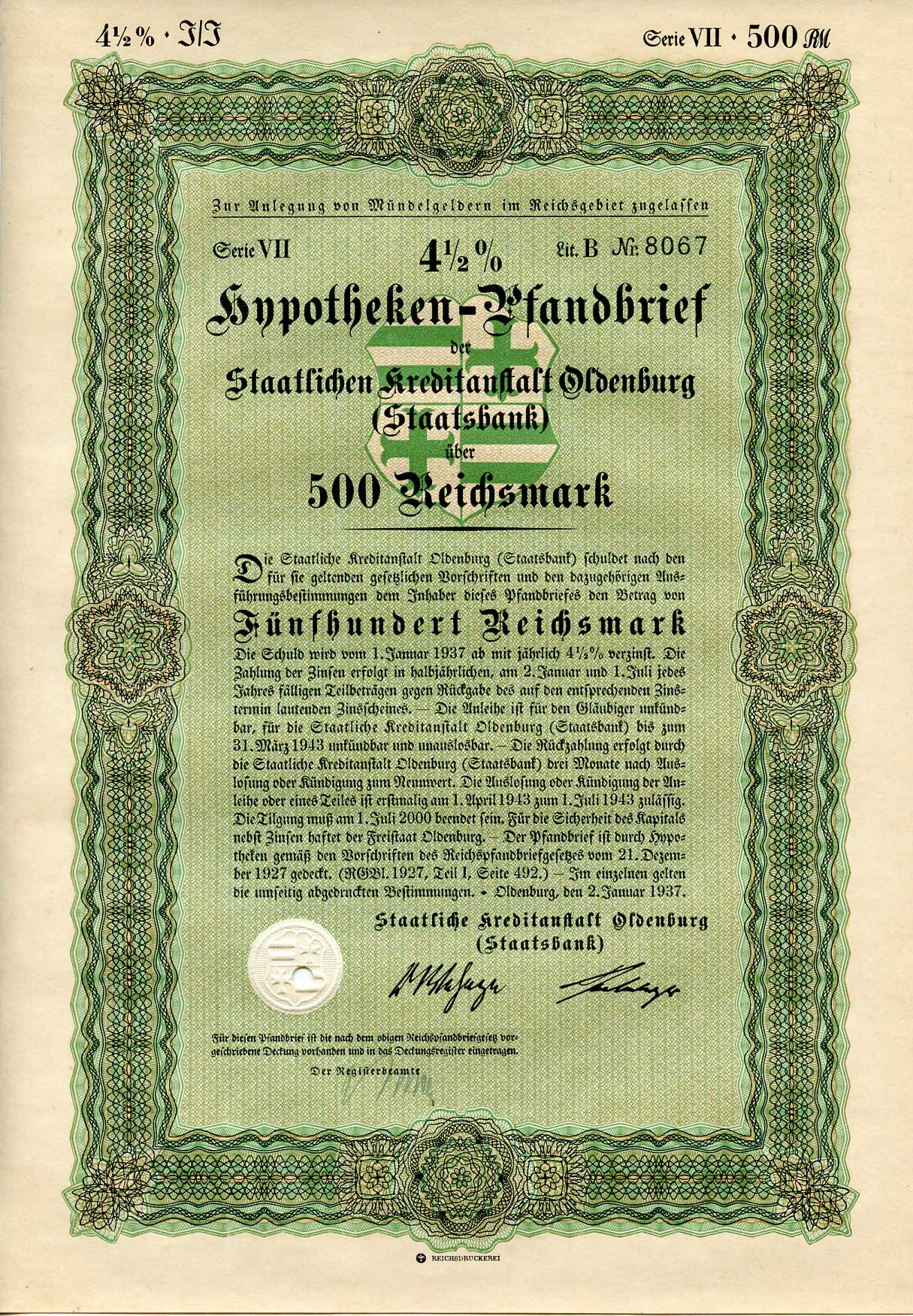 Германия 500 рейхсмарок 1937 Государственное кредитное учреждение Ольденбурга (Государственный банк), ипотечный залог под залог 4-1/2%, облигация   бумага   8802-13-1