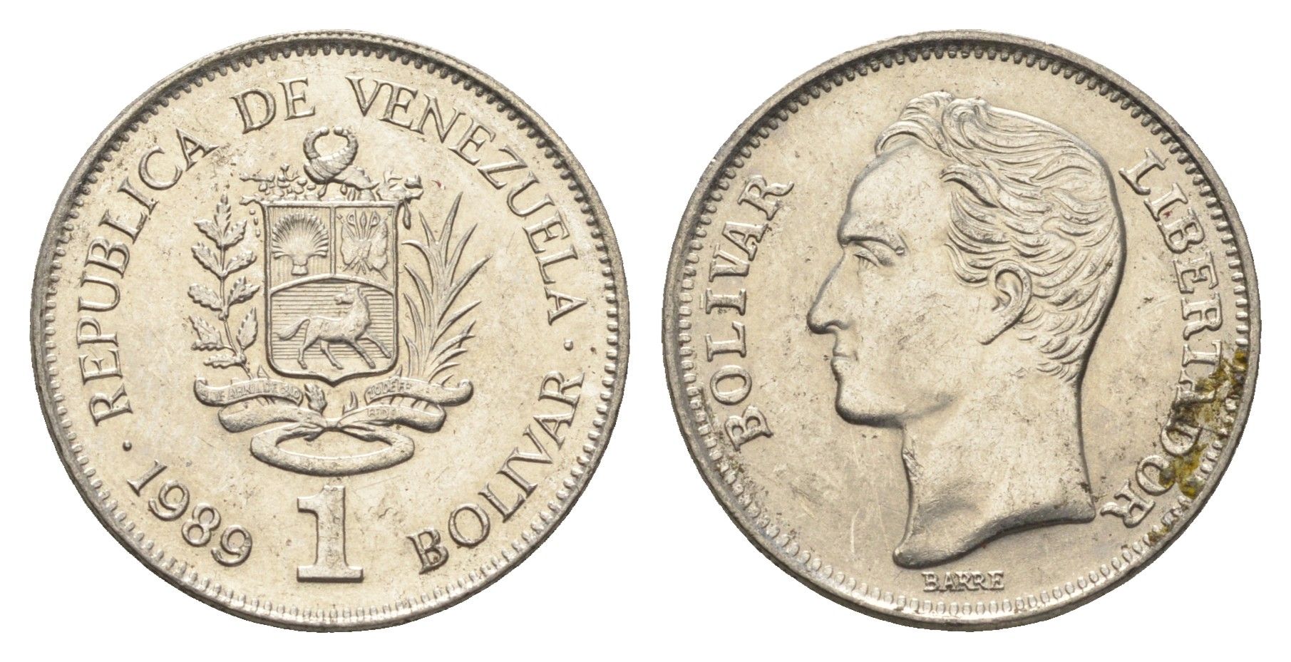 Венесуэла 1 боливар 1989 Симон Боливар, толстый шрифт Y 52a.2 сталь плакированная никелем 4662-854