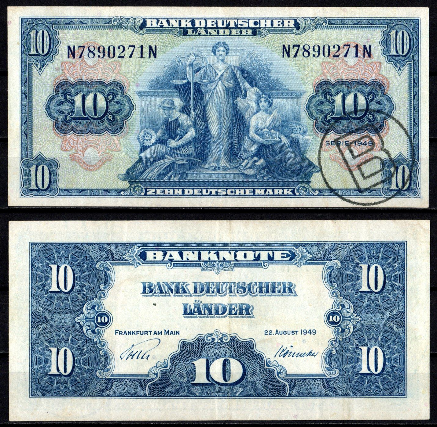 ФРГ 10 марок 1949 штамп «В» в круге Pick 16 b бумага 451-1108-3