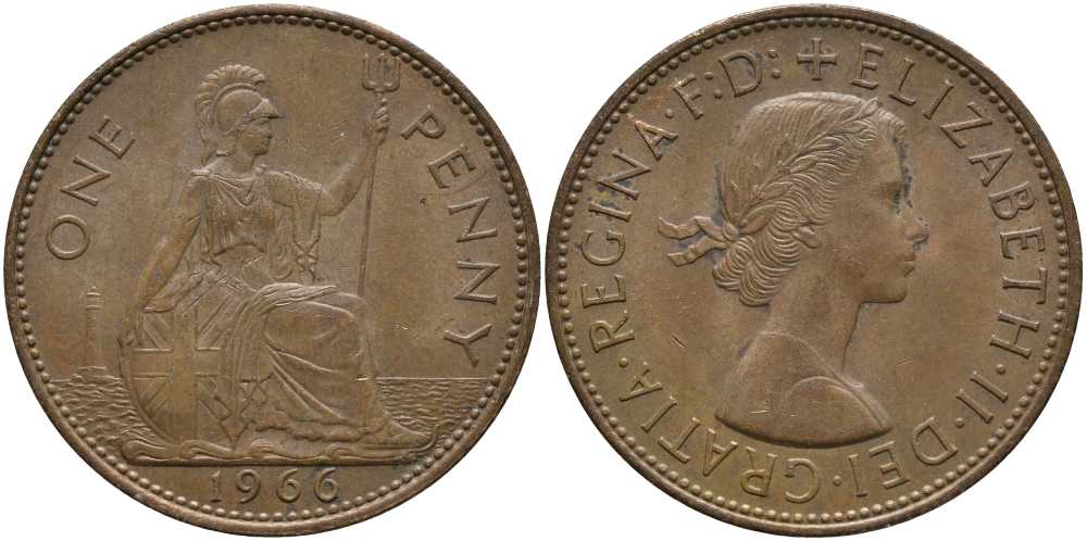 Великобритания 1 пенни 1966 Елизавета II (1952-2022) КМ 897, Spink 4157 бронза 115-445