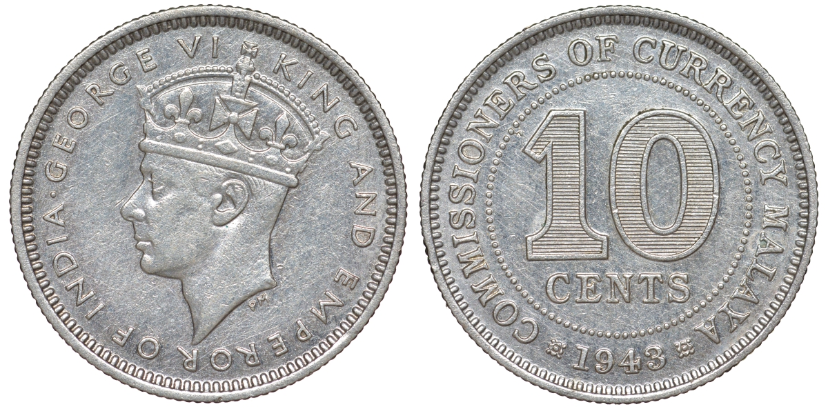 Британская Малайя 10 центов 1943 Георг VI (1937-1952) KM 4a серебро 53-256