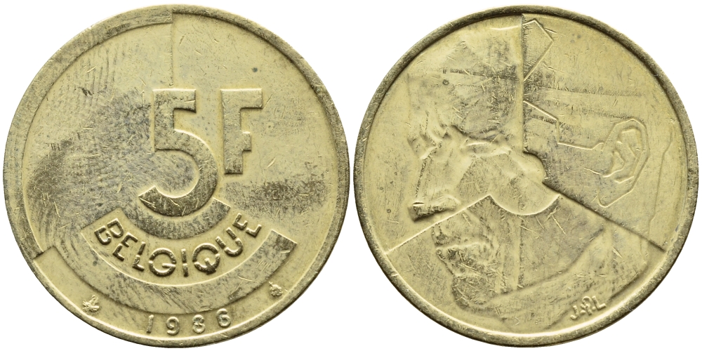 БЕЛЬГИЯ 5 ФРАНКОВ 1986 BELGIQUE KM 163 латунь или алюминевая бронза 4385-312