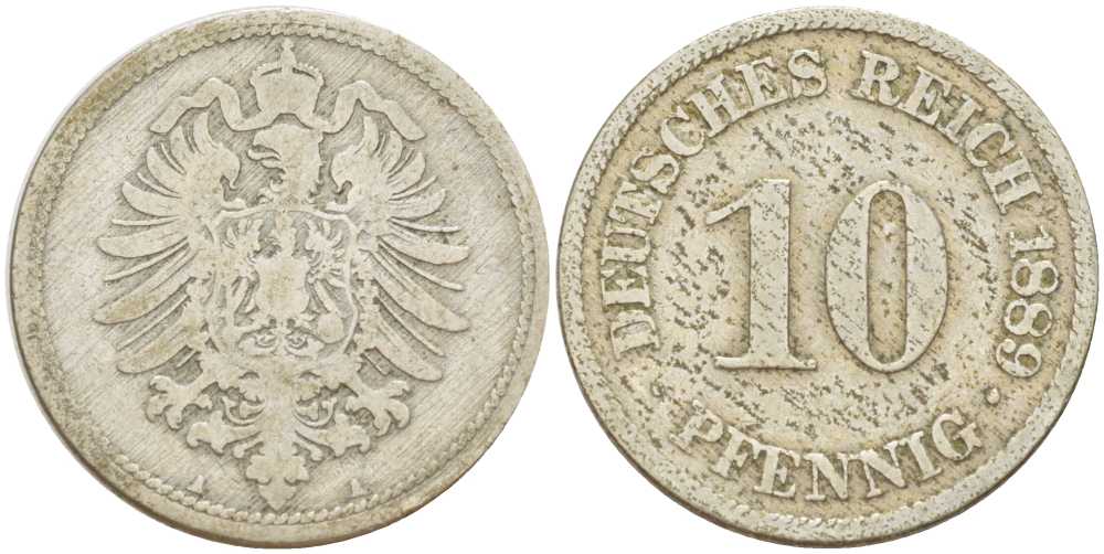 ГЕРМАНИЯ 10 ПФЕННИГОВ 1889 A, СТАРОГЕРБОВКА KM 4, J. 4, Weege 7 медно-никель 261-1233