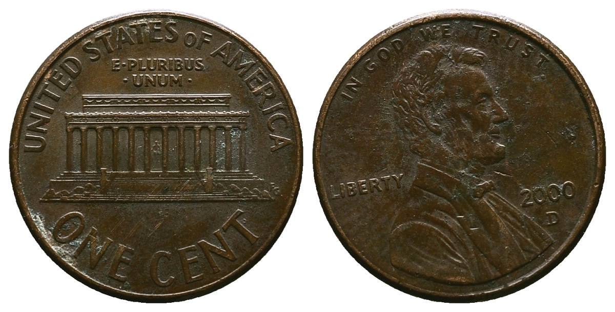 США 1 ЦЕНТ 2000 D KM 201 b медь цинк 4385-522