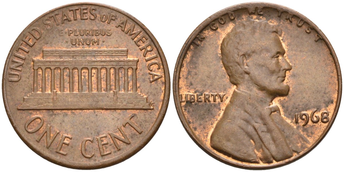 США 1 цент 1968 Линкольн KM 201 медь цинк 4115-843