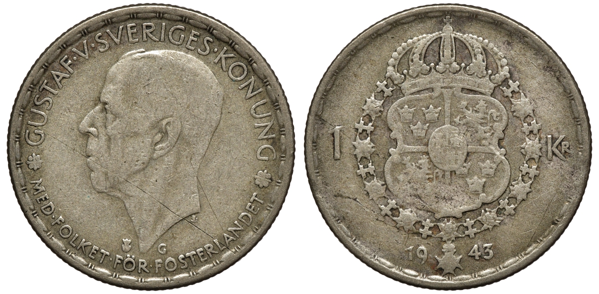 Швеция 1 крона 1943 G, Густав V (1907-1950) KM 814 серебро 4178-536
