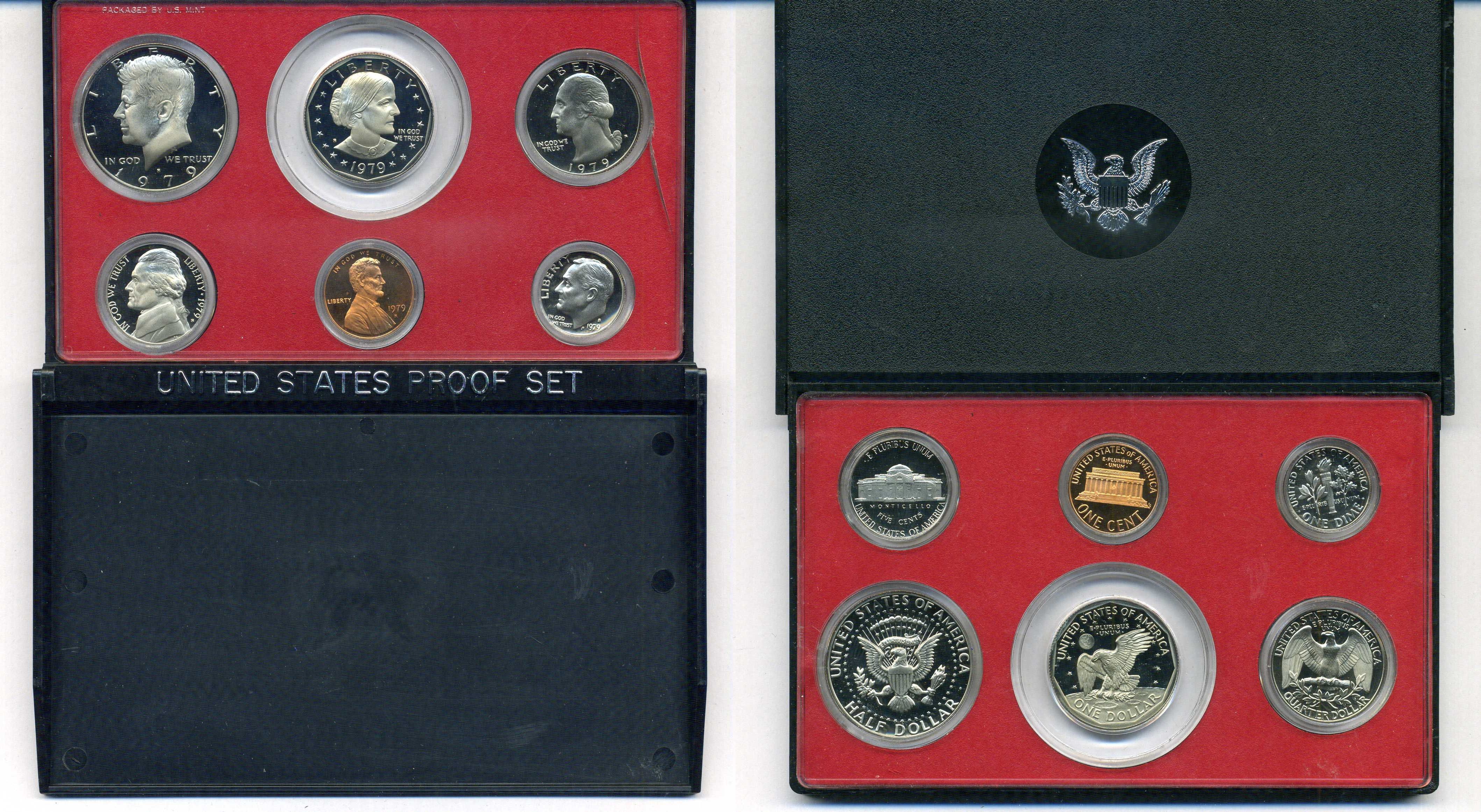 США годовой набор из 6 монет (1, 5, 10, 25 и 50 центов; 1 доллар) 1979 в оригинальной упаковке KM PS143 (164a, A192, 195a, 201, 202b и 207) PROOF 8-2-02-28